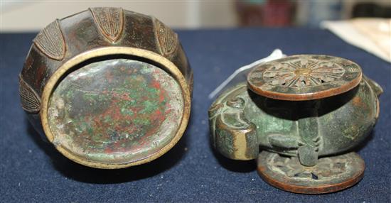 A Chinese small bronze phoenix vase and an archaistic bronze vase, 17th / 18th century, 8.8 and 9.5cm (2)